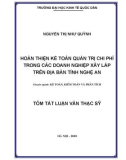 Tóm tắt Luận văn Thạc sĩ Kế toán: Hoàn thiện kế toán quản trị chi phí trong các doanh nghiệp xây lắp trên địa bàn tỉnh Nghệ An