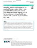 Reliability and construct validity of the modified Finnish version of the 9-item patient health questionnaire and its associations within the biopsychosocial framework among female health-care workers with sub-acute or recurrent low back pain