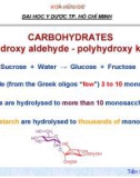 HOÁ HỮU CƠ ĐẠI HỌC Y DƯỢC TP. HỒ CHÍ MINHCARBOHYDRATES (polyhydroxy aldehyde - polyhydroxy ketones)Sucrose + Water → Glucose + Fructose Oligosaccharide (from the Greek oligos 'few') 3 to 10 monosaccharides Polysaccharide are hydrolysed to more than 10