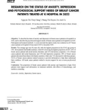 Nghiên cứu thực trạng lo âu, trầm cảm và nhu cầu hỗ trợ tâm lý xã hội của người bệnh ung thư vú điều trị tại Bệnh viện K năm 2022